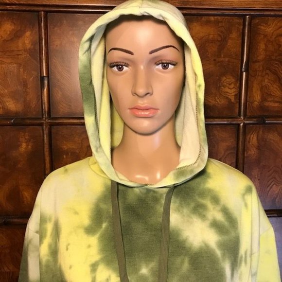 Tuscan Olive Fleece Lined Cotton Blend Cropped Tie Dye Sweatshirt Hoodie - Picture 8 of 14
